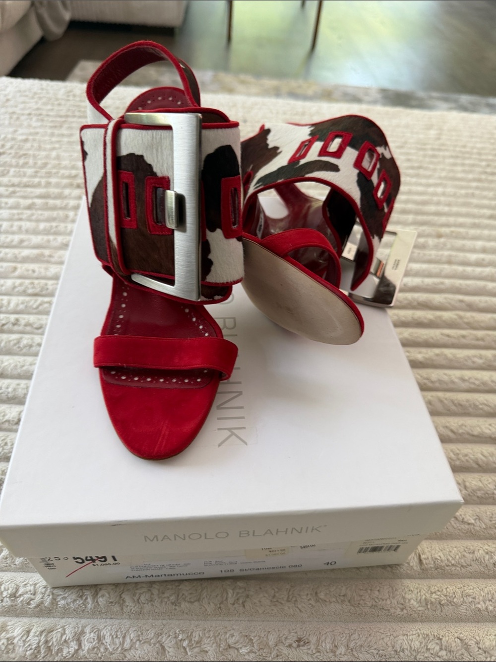 Manolo Blahnik Red Suede Sandals with White & Brown Cowhide Buckle Strap